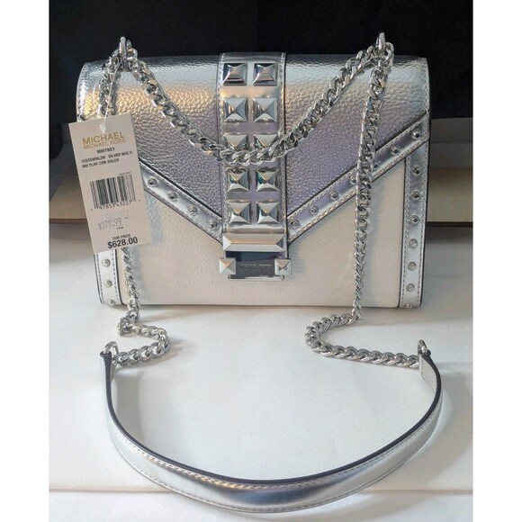 Michael Kors Studded Whitney Bag - Silver, White, Leather,Adjustable Chain Strap - Picture 6 of 14